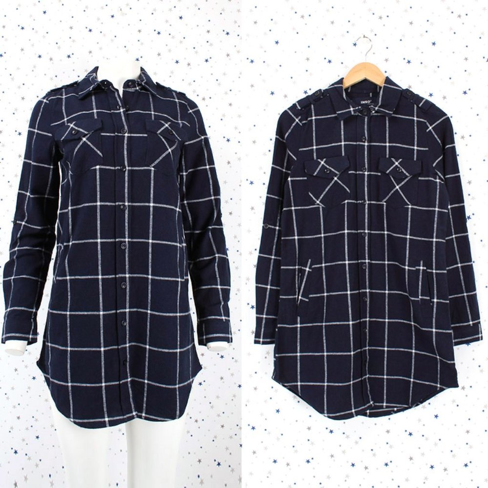 Flannel Tunic Button Up Plaid Shirt Dress Navy